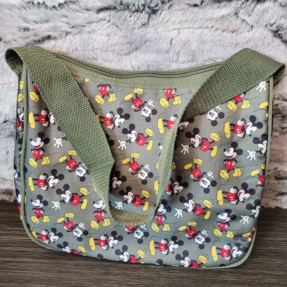 Disney Mickey Mouse All Over Zip Olive Army Green‎ Shoulder Bag Tote Kids Canvas